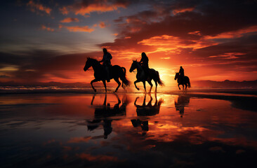 Three teenage girls on horseback on the beach