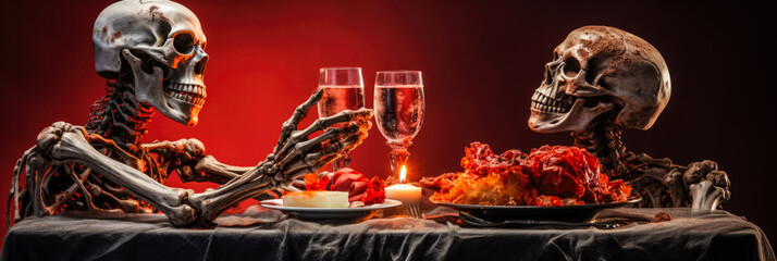A chilling Halloween table setting with skeletal hands isolated on a gradient background 