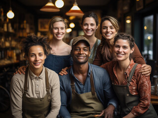 Fototapeta premium Group of multiethnic workmates, cafeteria or restaurant workers, smile look at camera pose indoor, enjoy friendship at work and unity, pose with African man, small business owner. Store staff portrait