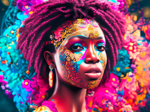 Beautiful african woman with creative make-up over pink background.