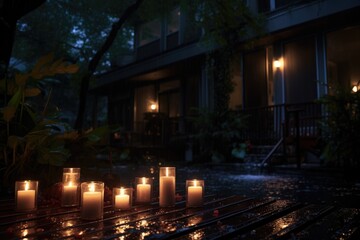 Fototapeta na wymiar outdoor candles flickering in the dark