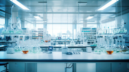 The interior of a modern biological laboratory. Equipment and furniture in the room for scientific...