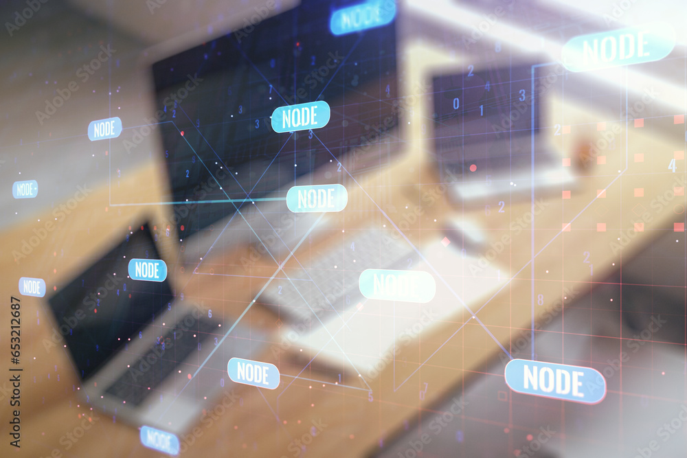 Poster abstract creative coding concept and modern desktop with computer on background. multiexposure