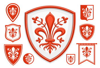 Vector Florence Emblem Set, horizontal poster with lot collection of 9 isolated illustrations of red and white florence coat of arms, decorative flag with group of historical florence decor shields - obrazy, fototapety, plakaty
