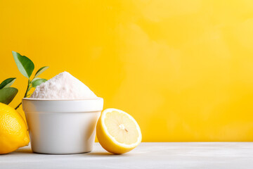 Baking soda and lemon as natural teeth whitening agents background with empty space for text 