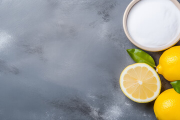 Baking soda and lemon as natural teeth whitening agents background with empty space for text 