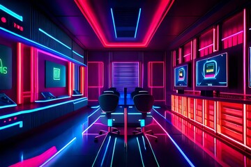 beautifull hall decorated with RGB neon lights with monitors and chairs - obrazy, fototapety, plakaty