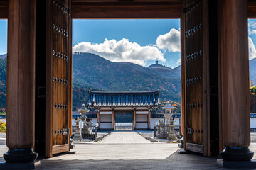 Gate of Osorezan Bodaiji Temple in autumn, Mutsu, Aomori prefecture, Honshu, Japan