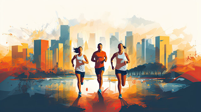 Friends running flat vector illustration