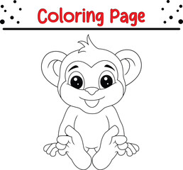 Cute monkey animal coloring page. Black and white vector illustration for coloring book
