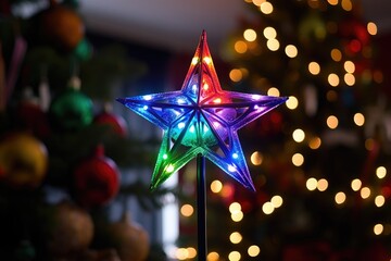 a lit up star topper on a christmas tree
