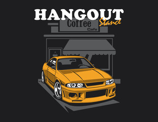 illustration vector showcasing retro 90s car with cafe background design graphic for printed tees