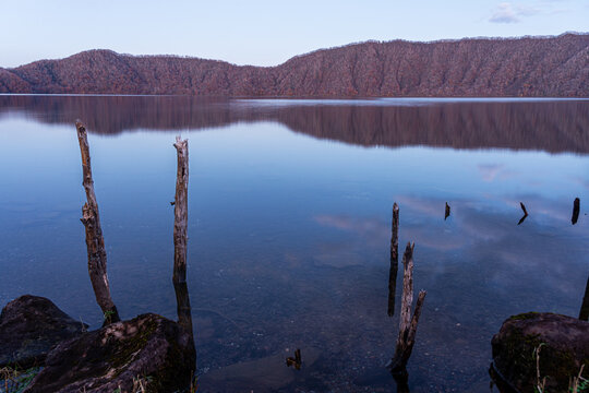 Soft purple evening light at a lake in late autumn, reflecting a forestry slope, Lake Toya, Shikotsu-Toya National Park, Abuta, Hokkaido, Japan
