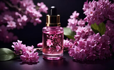 Obraz na płótnie Canvas A face serum bottle surrounded by pink lilac flowers.