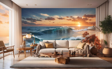 A Luxury modern living room with ocean sunset image background.