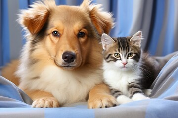 an adult dog and cat with a puppy and a kitten