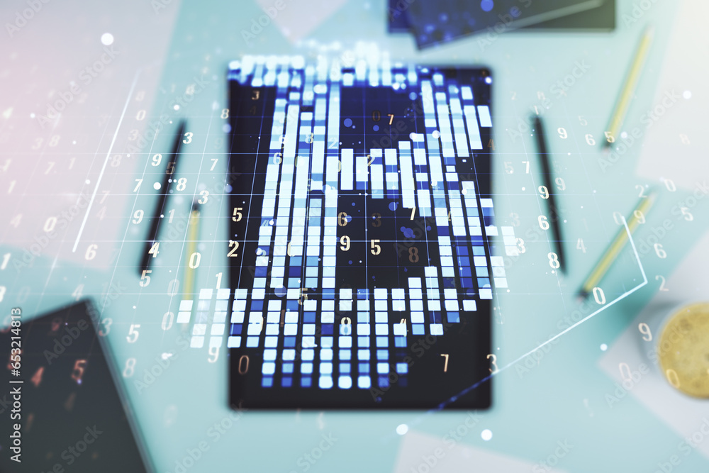 Poster Creative Bitcoin concept and modern digital tablet on desktop on background, top view. Double exposure