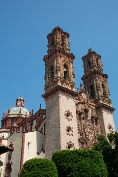 Churrigueresque Style Towers, Church of Santa Prisca de Taxco, founded 1751, UNESCO World Heritage Site, Taxco, Guerrero, Mexico