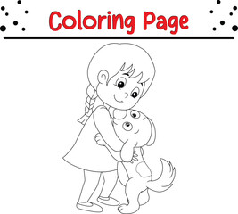 Cute Little girl coloring page. Black and white vector illustration for coloring book
