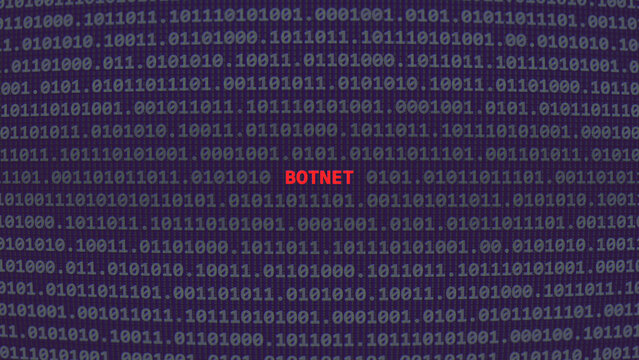Cyber attack botnet. Vulnerability text in binary system ascii art style, code on editor screen. Text in English, English text