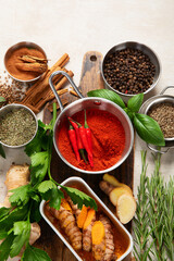 Colourful various herbs and spices for cooking.