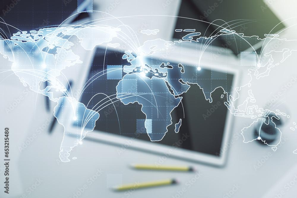Poster abstract graphic digital world map with connections and modern digital tablet on desktop on backgrou