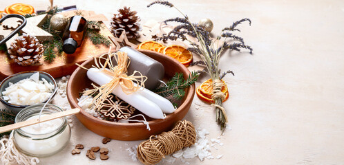 Christmas candle decoration with natural elements. Winter holidays.