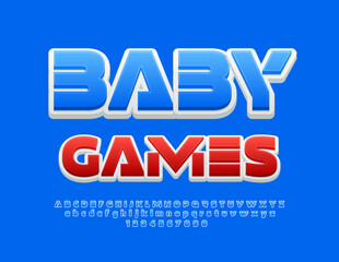 Vector advertising poster Baby Games. Unique Blue Font. Modern 3D Alphabet Letters, Numbers and Symbols set