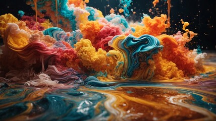 Illustration Of A Swirling Liquid Cloud Colour Paint, Paint Drip, In The Style Of Triple Exposure Photography. Vibrant, Striking Colours, Extremely Cinematic.