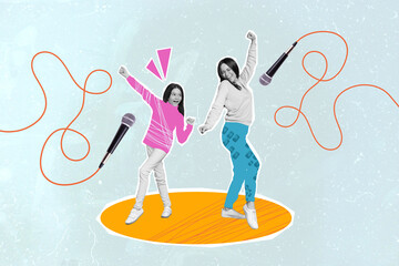 Poster collage banner of funny excited lady kid girl dancing in pastime club singing song on family event