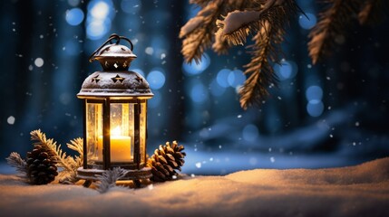 Christmas Lantern accompanied by a fir branch on the snow in an evening Christmas setting. Happy new year. Background image, 2024, christmas background.