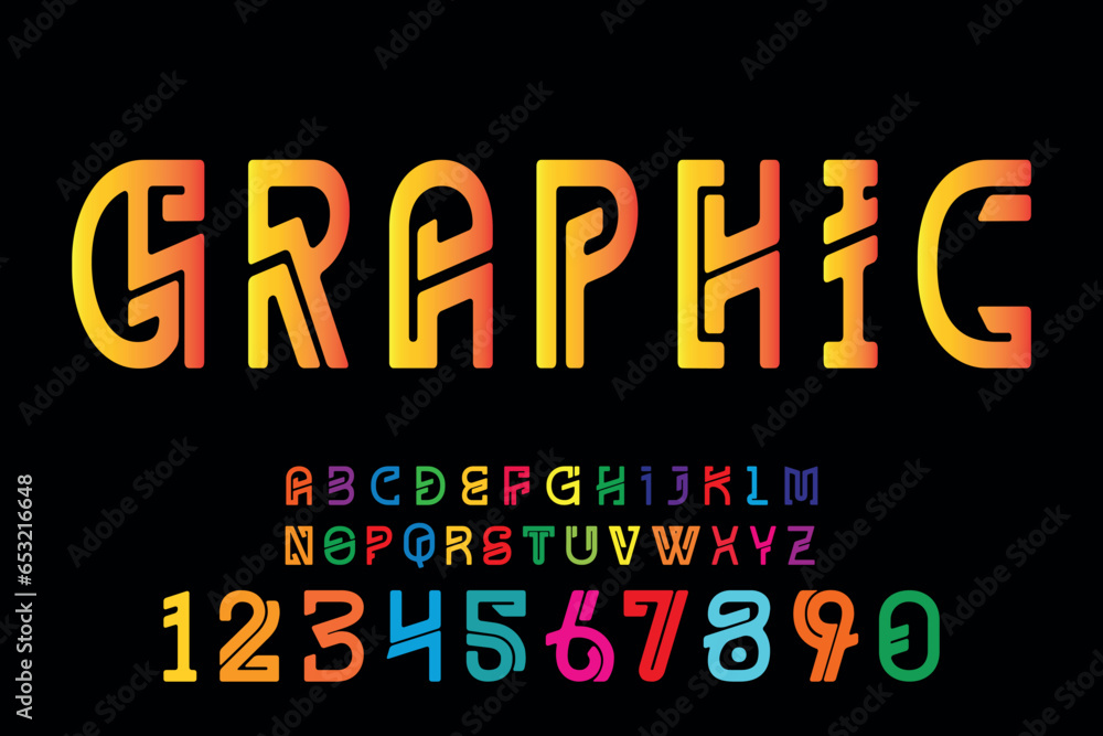 Poster stylized abstract graphic colorful font and alphabet, numbers vector.