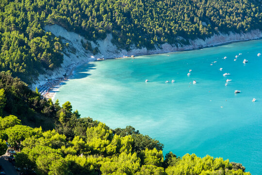 Beautiful view of Mount Conero and beach from Sirolo, Marche region, Italy