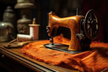 close-up of sewing machine with orange thread