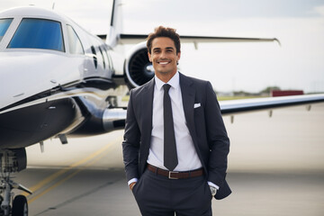 Portrait of businessman smiling in front of private airplane jet.