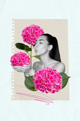 Vertical collage picture of black white effect girl closed eyes blow air hands hold fresh flower notebook paper page isolated on creative background