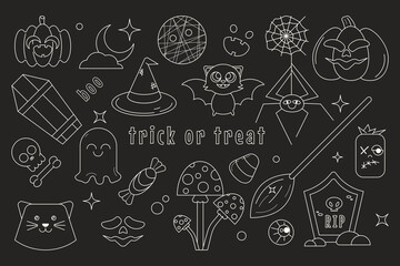 Chalkboard Halloween cartoon doodle elements set. Helloween cute spooky pumpkin, ghost, candies, bat, monsters, spider on web. Vector illustration