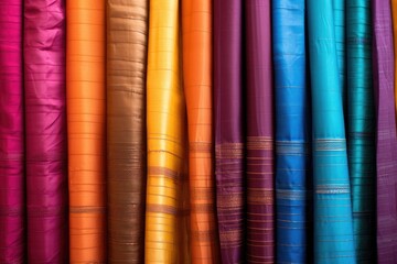 rainbow of colors on traditional indian sari fabric - obrazy, fototapety, plakaty