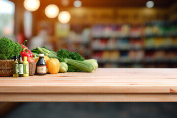 Top of surface wooden table with blurred grocery store  background.