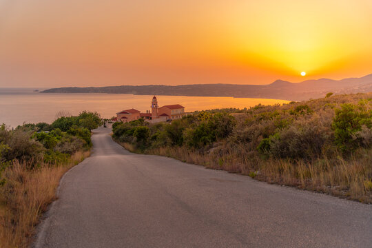 View of Holy Monastery of the Most Holy Theotokos of Sissia near Lourdata at sunset, Kefalonia, Ionian Islands, Greek Islands