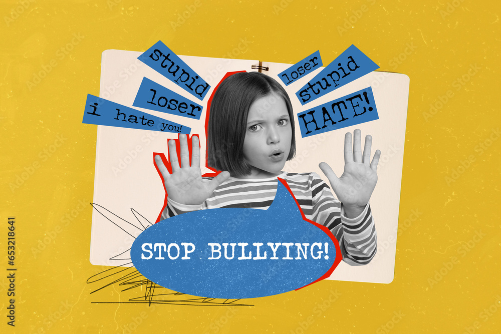 Sticker Artwork collage of black white effect girl arms demonstrate stop bullying gesture stupid loser i hate you words isolated on yellow background