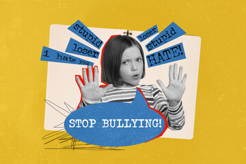 Artwork collage of black white effect girl arms demonstrate stop bullying gesture stupid loser i hate you words isolated on yellow background - obrazy, fototapety, plakaty