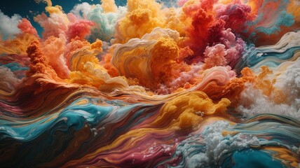 Illustration Of A Swirling Liquid Cloud Colour Paint, Paint Drip, In The Style Of Triple Exposure Photography. Vibrant, Striking Colours, Extremely Cinematic.