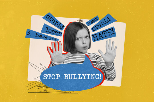Artwork collage of black white effect girl arms demonstrate stop bullying gesture stupid loser i hate you words isolated on yellow background
