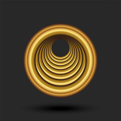 Circular golden 3d logo, circle fractal round shape from metal gradient lines, design round portal geometric form.