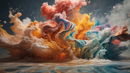 Obraz premium Illustration Of A Swirling Liquid Cloud Colour Paint, Paint Drip, In The Style Of Triple Exposure Photography. Vibrant, Striking Colours, Extremely Cinematic.