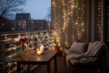 apartment balcony adorned with white cascading lights