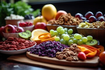 a colorful variety of fresh organic fruits and raw nuts