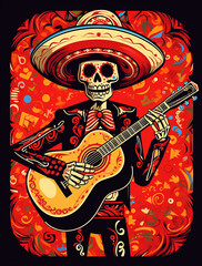 Dia de Muertos Day of dead ornamental skeleton in sombrero, Mexican Halloween poster