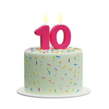 Cartoon cake with candles in the shape of the number 10. Tenth birthday cake, anniversary. Isolated illustration on white background, 3d rendering